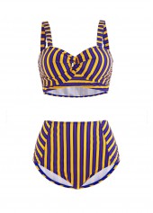 High Waist Cross Front Cutout Striped Bikini Set