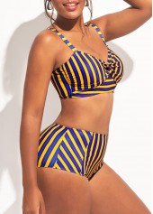 High Waist Cross Front Cutout Striped Bikini Set