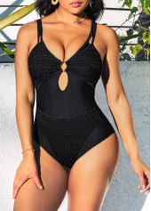 Metal Ring Detail Lace Patchwork Black One Piece Swimwear