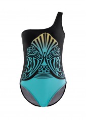 Black Tribal Print Wide Strap One Piece Swimwear