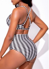 High Waisted Geometric Print Three-piece Black Bikini Set