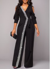 Metal Ring Black Cold Shoulder V Neck Jumpsuit