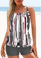 Geometric Print Criss Cross Grey Tankini Set