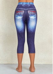 Flag Print Denim Blue Elastic Waist Leggings