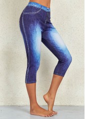 Flag Print Denim Blue Elastic Waist Leggings