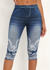 Denim Blue Elastic Waist High Waisted Capri Leggings
