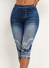 Denim Blue Elastic Waist High Waisted Capri Leggings