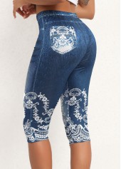 Denim Blue Elastic Waist High Waisted Capri Leggings