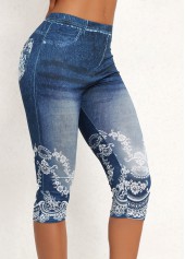 Denim Blue Elastic Waist High Waisted Capri Leggings