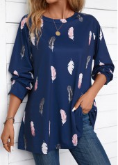 Feathers Print Navy Extra Long Sleeve Round Neck Blouse