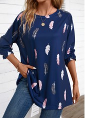 Feathers Print Navy Extra Long Sleeve Round Neck Blouse