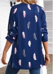 Feathers Print Navy Extra Long Sleeve Round Neck Blouse
