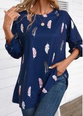 Feathers Print Navy Extra Long Sleeve Round Neck Blouse