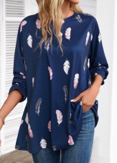 Feathers Print Navy Extra Long Sleeve Round Neck Blouse