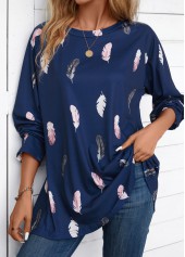 Feathers Print Navy Extra Long Sleeve Round Neck Blouse