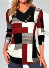 Geometric Print Patchwork Wine Red Asymmetrical Neck Sweatshirt