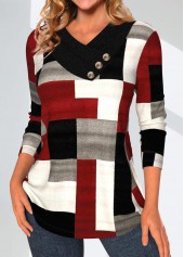 Geometric Print Patchwork Wine Red Asymmetrical Neck Sweatshirt