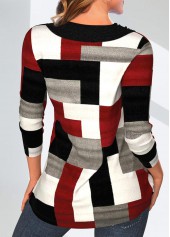 Geometric Print Patchwork Wine Red Asymmetrical Neck Sweatshirt