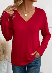 Button Wine Red Long Sleeve V Neck T Shirt