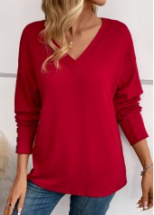 Button Wine Red Long Sleeve V Neck T Shirt