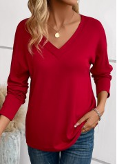 Button Wine Red Long Sleeve V Neck T Shirt