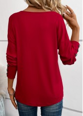 Button Wine Red Long Sleeve V Neck T Shirt