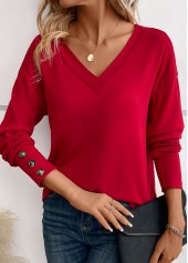 Button Wine Red Long Sleeve V Neck T Shirt