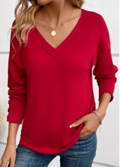 Button Wine Red Long Sleeve V Neck T Shirt
