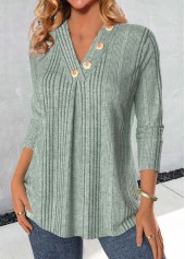 Button Sage Green Long Sleeve V Neck T Shirt