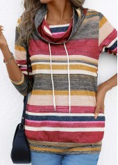 Multi Stripe Print Drawstring Coral Cowl Neck T Shirt