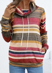 Multi Stripe Print Drawstring Coral Cowl Neck T Shirt