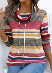 Multi Stripe Print Drawstring Coral Cowl Neck T Shirt