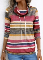 Multi Stripe Print Drawstring Coral Cowl Neck T Shirt
