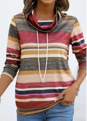 Multi Stripe Print Drawstring Coral Cowl Neck T Shirt