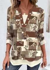 Random Floral Print Fake 2in1 Dark Camel Blouse