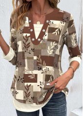 Random Floral Print Fake 2in1 Dark Camel Blouse