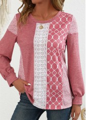 Geometric Print Patchwork Pink Long Sleeve Round Neck Sweatshirt