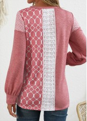 Geometric Print Patchwork Pink Long Sleeve Round Neck Sweatshirt