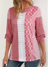 Geometric Print Patchwork Pink Long Sleeve Round Neck Sweatshirt