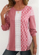 Geometric Print Patchwork Pink Long Sleeve Round Neck Sweatshirt