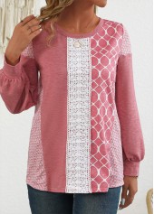 Geometric Print Patchwork Pink Long Sleeve Round Neck Sweatshirt