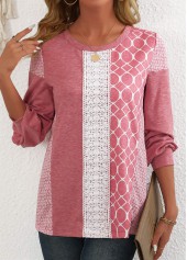 Geometric Print Patchwork Pink Long Sleeve Round Neck Sweatshirt