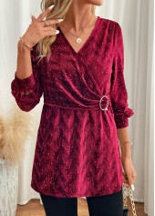 Velvet Wine Red Long Sleeve V Neck Blouse