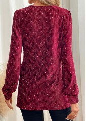 Velvet Wine Red Long Sleeve V Neck Blouse