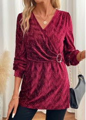 Velvet Wine Red Long Sleeve V Neck Blouse