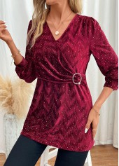 Velvet Wine Red Long Sleeve V Neck Blouse