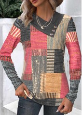 Plaid Button Multi Color Asymmetrical Neck Long Sleeve Sweatshirt