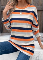 Striped Patchwork Multi Color Long Sleeve T Shirt