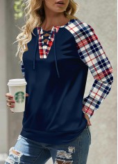 Plaid Patchwork Navy Round Neck Long Sleeve Sweatshirt