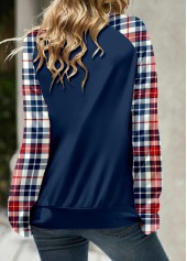 Plaid Patchwork Navy Round Neck Long Sleeve Sweatshirt